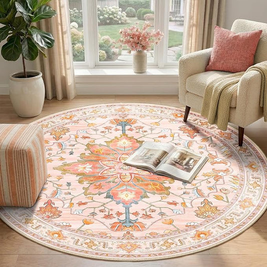 RELEANY Area Rugs Round 4ft Washable Non-Slip, Floral Vintage Distress Medallion Carpet for Living Room Bedroom Dining Room, Light Pink Colorful