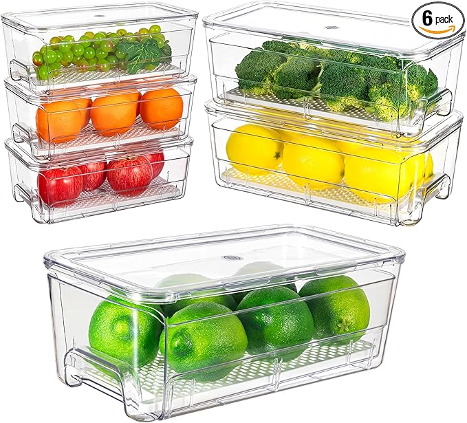 Imncya 6 Pack Stackable Pull-Out Fridge Organizer Drawers, Clear Refrigerator Drawer with Lids, Fridge Stackable Storage Drawers for Veggies, Fruits, Food Storage and Organizer