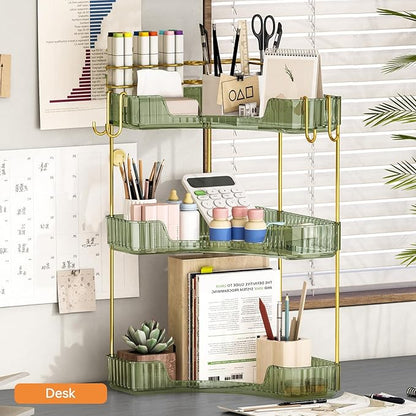 3-Tier Corner Bathroom Counter Organizer，Makeup & Skincare Shelf with Built-in Brush Holder，Space-Saving Bathroom Countertop Organizer for Skincare, Perfume, Cosmetics(Green)