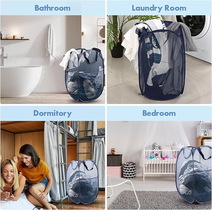 DUCOO Pop Up Laundry Hamper, 70L Collapsible Mesh Laundry Basket with Side Pocket, Foldable Dirty Clothes Hamper with Sturdy Reinforced Handles for Home Dorm Bedroom Travel Storage, Blue, 2Pack