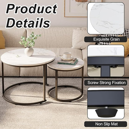 aboxoo Round Nesting Coffee Table Side Table Set of 2 End Tables for Living Room Bedroom Balcony, White Faux Marble Wooden Table Accent Coffee Table with Black Steel Frame