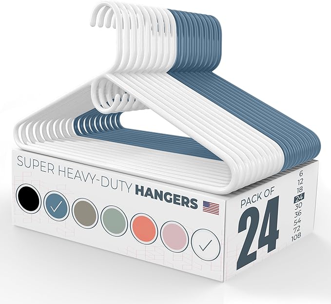 Neaties Super Heavy Duty Clothes Hangers 20 Pack (24 Count) – Made in The USA - 10lb Capacity, Thick Plastic Hangers for Pants, Coats, Jackets, Jeans and Adult Clothing – White & Blue