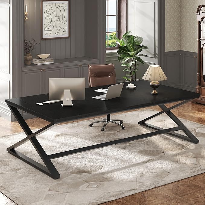 IBF Black Desk, Large Home Office Work Desk, 78.7” Long Computer Desks, Simple Wide Study Writing Desk, Wood Metal Double PC Executive Workstation Gaming Desk Computer Table for Bedroom, Black Oak