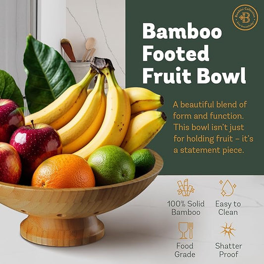 Fruit Basket Fruit Bowl for Kitchen Counter - Wooden Pedestal Bowl with Ventilation Holes, Decorative Bamboo Holder, Wooden Serving Frutero for Produce and Vegetable Storage, Wood Decorative Gift Idea