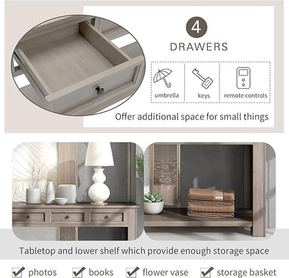 LKTART Solid Wood Console Table,Long Sofa Table Entryway Table with 4 Drawers and Bottom Shelf for Hallway Living Room Couch Table,Easy Assembled (63" Gray Wash)