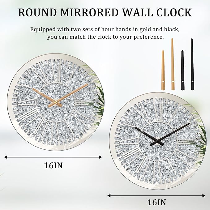 Crystal Crushed Diamond Wall Clock Round Mirrored Clocks Modern Silver Glass Clock for Wall Sparkle Twinkle Hanging Clocks for Living Room Bedroom Dining Room Decorative, AA Battery not Included