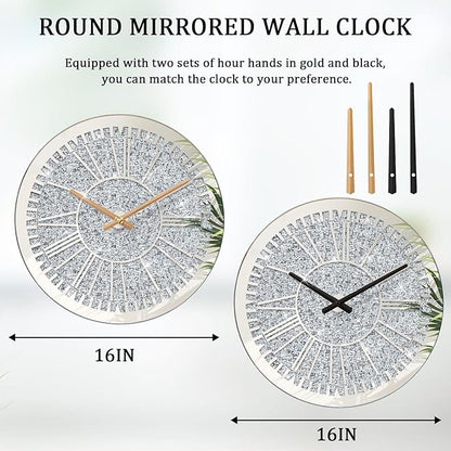 Crystal Crushed Diamond Wall Clock Round Mirrored Clocks Modern Silver Glass Clock for Wall Sparkle Twinkle Hanging Clocks for Living Room Bedroom Dining Room Decorative, AA Battery not Included