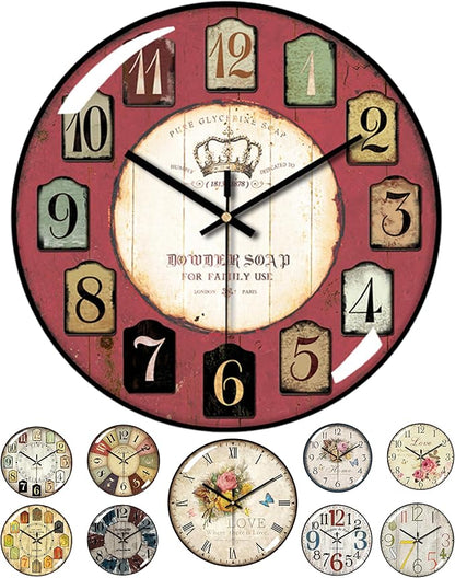 Decorative Wall Clocks Batterys Operated, Retro Wall Clock with Glass Dial, 12-Inch Dial with Roman Numerals, Silent and No Ticking, Suitable for Living Room, Bedroom, Dining Area, Workspace