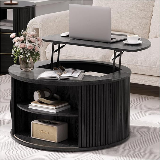 JOINICE 31.5" Black Round Lift Top Coffee Table, Modern Fluted Drum Center Table with Hidden Storage, Minimalist Circle Wood Desk for Living Room & Small Apartment
