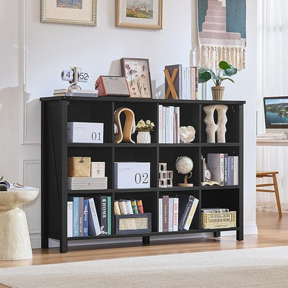 12 Cube Storage Organizer, Farmhouse 62 Inch Wide Black Oak Display Bookshelf, Wooden 3 Tier Large Open Book Shelf, Vintage Bookcase for Home Office, Cubby Cabinet for Living Room, Office