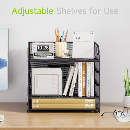 5 Tier Paper Organizer with Handle, Grey Metal Mesh Desk Organizer File Folder Paper Letter Tray Desktop Document Sorter for Classroom, School, Office Accessories Organization and Storage