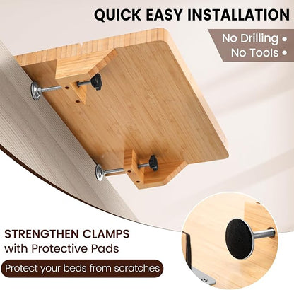 Bedside Shelf for Dorm Bed & Top Bunk, Bamboo Bed Side Table Tray with Cup Phone Holder & Hooks, Bedside Caddy, Clip on Nightstand Bedside Storage College Dorm Room Essentials (Bamboo-1)