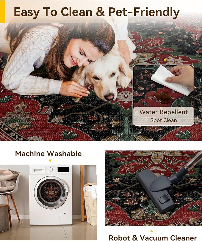 RELEANY Area Rugs Round 10ft Washable Non-Slip, Floral Vintage Distress Medallion Carpet for Living Room Bedroom Dining Room, Red Black