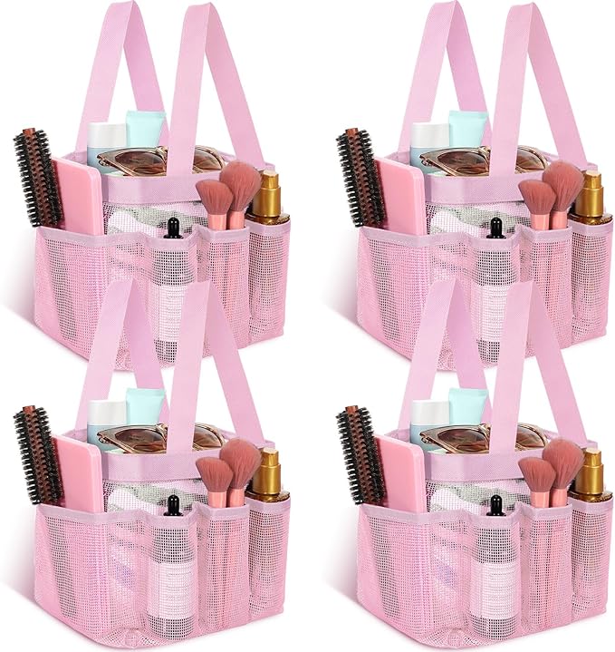 Hillban 4 Pcs Mesh Shower Caddy Portable Shower Caddy for Dorm Beach Mesh Bags with Deeper 8 Pockets and Handles Showers Caddies Basket for Women College Room Vacation(Pink)