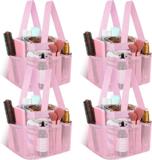 Hillban 4 Pcs Mesh Shower Caddy Portable Shower Caddy for Dorm Beach Mesh Bags with Deeper 8 Pockets and Handles Showers Caddies Basket for Women College Room Vacation(Pink)