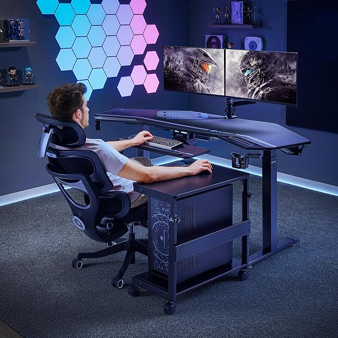 EUREKA ERGONOMIC PC Stand Computer Cart, Height Adjustable Tower Stand 2-Tier Suit for ATX Case Printer, Metal Rolling Cart on Wheels for Gaming Home Office, Carbon Fiber,Home Office Organization