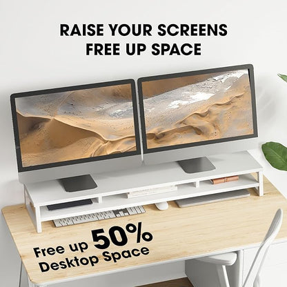 Fenge Dual Monitor Stand for Desk, 42.5in Large Monitor Riser for 2 Monitors, 2 Tier Computer Office Desk Top Shelf, Desktop Storage Stand for Laptop, PC, Computer, Printer