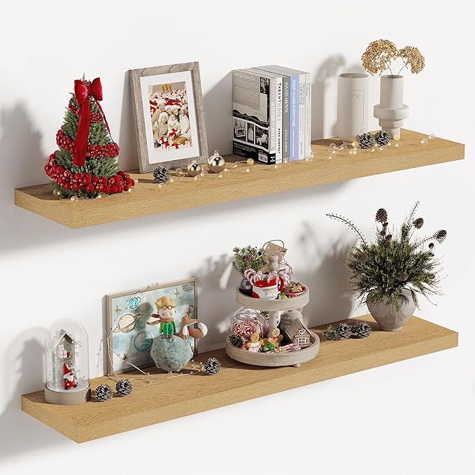 Vivelove 10" Deep Floating Shelves with Invisible Brackets, 36" Wall Shelves for Bathroom Bedroom Kitchen Living Room Laundry Room, Modern Rustic Shelves for Home Decor, 36"x10.2"x1.5", Set of 2, Oak