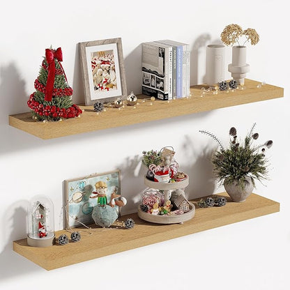 Vivelove 10" Deep Floating Shelves with Invisible Brackets, 36" Wall Shelves for Bathroom Bedroom Kitchen Living Room Laundry Room, Modern Rustic Shelves for Home Decor, 36"x10.2"x1.5", Set of 2, Oak