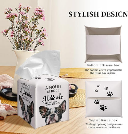 Grace Yonks Cute French Bulldog Tissue Box Cover Square, French Bulldog Dog Cube Case for Facial Tissues, 5.2" PU Leather(028)