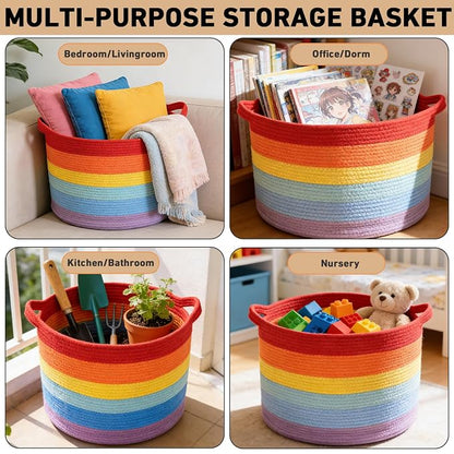 115L Large Blanket Basket,23.6" L x 23.6" W x 15.7" H Rope Woven Baskets with Handles, Toys Storage Bins,Laundry Basket Perfect for Living Room, Nursery,Bedroom,Home Organization,Rainbow