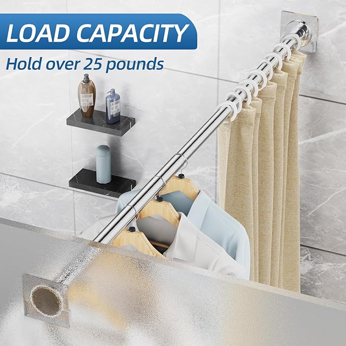 CorkLatta Chrome Shower Curtain Rod,1 Inch Diameter Stainless Steel Adjustable Spring Tension Rods 32 to 80",with Holders,Anti-Slip,Curtain Rods No Drilling(1 Pack)
