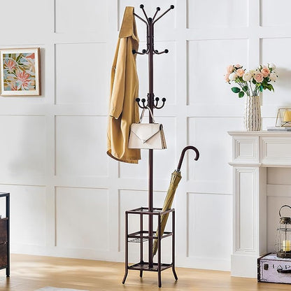 FAVOOSTY Coat Rack Freestanding,Coat Rack Stand with Umbrella Holder,Metal Coat Tree with 12 Hooks,Tree Clothes Hat for Entryway, Hallway, Bedroom, Living Room & Office -Brown