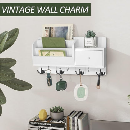 Rebee Vision Key Holder Wall Mount and Mail Organizer : Farmhouse Key and Mail Holder for Wall with Drawer and 7 Key Hooks - Decorative Home Organization for Wall Decor Aesthetic (White)