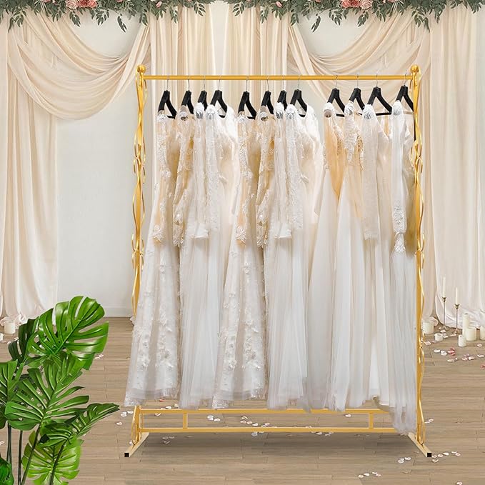 81"Tall Gold Clothing Rack for Hanging Long Dresses Clothes, Garment Racks Wedding Dress Display Stand Shoes Bags Clothes Scarf Organizer Freestanding Garment Rack for Retail Studio Wedding Dress