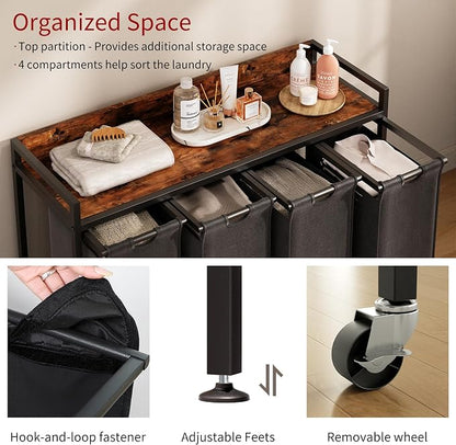 Herture Laundry Hamper with Shelf, Laundry Basket 4 Section, Laundry Sorter with Pull-Out Removable Large Bags and Movable Wheels, Metal Frame, 4 x 15.87 Gallons (60L), Rustic Brown + Black PF07XLY