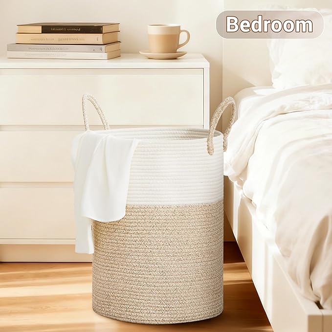 SunNewt Tall Laundry Basket with Handles, 58L Portable Dirty Clothes Hamper, Boho Cotton Rope Storage Bin for Blankets Kids Toys Gifts, Decorative Organizer for Baby Nursery Bedroom Bathroom, Brown