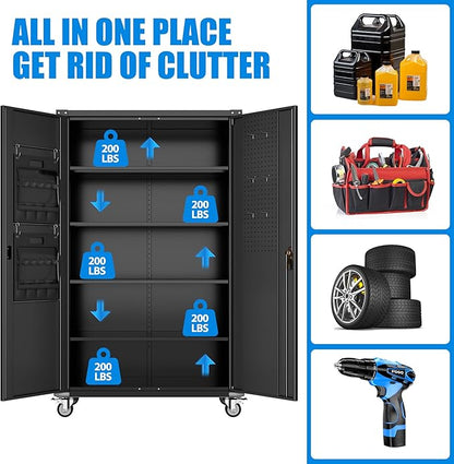43.3"Wx21.9"Dx72"H Upgraded Wide and Deep Garage Storage Cabinet with Wheels and Doors,Metal Storage Cabinet with Pegboards and 4 Adjustable Shelves for Garage Home Basement,Required Assembly,Black