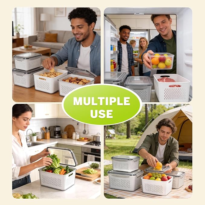 5 Pack Fruit Storage Containers for Fridge, Plastic Fruit Containers for Fridge with Removable Colanders, Leakproof Fridge Organizers and Storage for Berry Vegetable Salad Lettuce Meat Food
