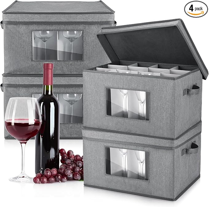 Uiifan 4 Pcs Wine Glass Storage Box with Dividers 12 Compartment Stemware Storage Cases China Container Box with Lid, Handles, PVC Window for Moving, Gray