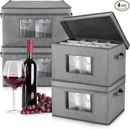 Uiifan 4 Pcs Wine Glass Storage Box with Dividers 12 Compartment Stemware Storage Cases China Container Box with Lid, Handles, PVC Window for Moving, Gray