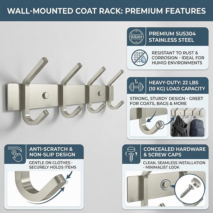 Coat Rack Wall Mount – Brushed Nickel 12 Inch Stainless Steel Hook Rail with 4 Heavy Duty Double Coat Hooks – Wall Mounted Coat Hanger for Entryway, Bathroom, Bedroom, Towel, Hat Organizer