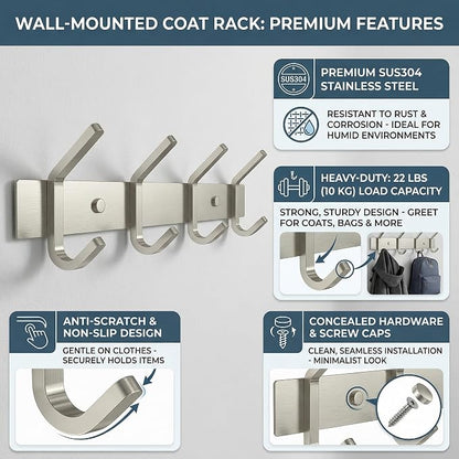 Coat Rack Wall Mount – Brushed Nickel 12 Inch Stainless Steel Hook Rail with 4 Heavy Duty Double Coat Hooks – Wall Mounted Coat Hanger for Entryway, Bathroom, Bedroom, Towel, Hat Organizer