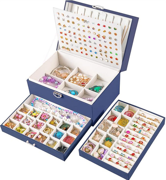QBestry Earring Jewelry Box for Women Girls Stud Organizers, 5 Layers Navy Jewelry Organizer Box with Lock Necklaces and Earrings Holder Jewelry Box with Earring Organizer for Women Girls Xmas Gifts