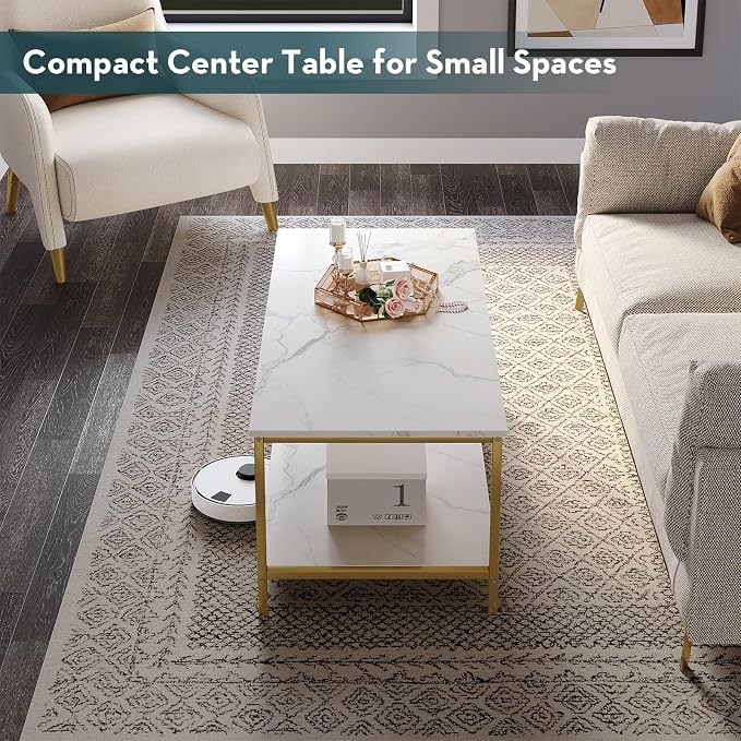 SAYGOER Coffee Table with Storage 2-Tier Industrial Center Table for Living Room, Rectangle Wood Table for Small Spaces Apartment Home Office, White Gold, Two-Tier(39.4x19.7x17.7)