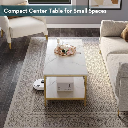 SAYGOER Coffee Table with Storage 2-Tier Industrial Center Table for Living Room, Rectangle Wood Table for Small Spaces Apartment Home Office, White Gold, Two-Tier(39.4x19.7x17.7)