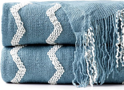 BOURINA Fluffy Chenille Knitted Fringe Throw Blanket Lightweight Soft Cozy for Bed Sofa Chair Throw Blankets, Blue 50" x 60"
