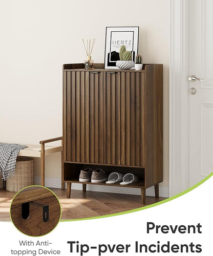 Large 6-Tier Shoe Storage Cabinet with Fluted 2 Doors, 44" Tall Freestanding Entryway Shoe Cabinet with Adjustable Shelves,(Walnut