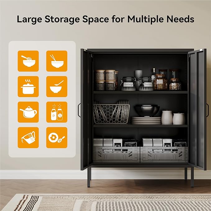 COFaR Black Metal Storage Cabinet, 40” Industrial Kitchen Organizer & Buffet Sideboard, 3-Tier Steel Cabinet with Adjustable Shelves, Magnetic Doors for Coffee Bar, Office, Dining Room