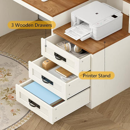 TVU Farmhouse Computer Desk with Drawers, 65'' Home Office Desk with Power Outlets, Storage Cabinet and Printer Stand, Study Writing Desks with Long Monitor Stand, Brown and White