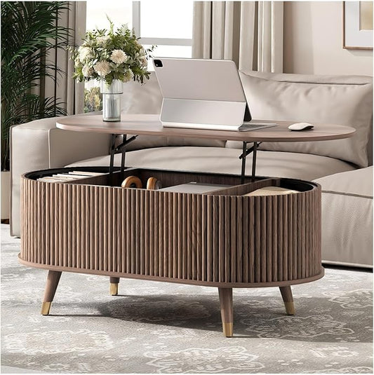 JOINICE 42.5" Oval Lift Top Coffee Table with Storage, Mid Century Modern Walnut Center Table with Fluted Design, Solid Wood Legs & Hidden Compartment, Pop Up Coffee Table for Living Room