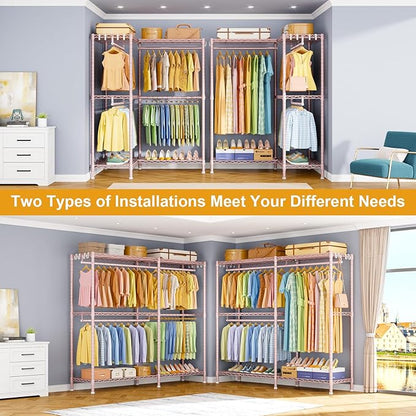 E15 Garment Rack L Shaped Clothes Rack for Corner，Freestanding Clothing Racks for Hanging Clothes，Heavy Duty Closet Organizer with 4 Hanging Rods & 8 S Hooks，43.4" W x 15.8" D x 78.4" H，Pink