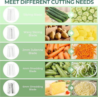 SUSTEAS Rotary Cheese Grater with Handle - Vegetable Shredder with 5 Well-designed Blades & Strong Suction Base,Round Mandoline Slicer & Food Chopper for Kitchen,with Blade Storage Box(White)