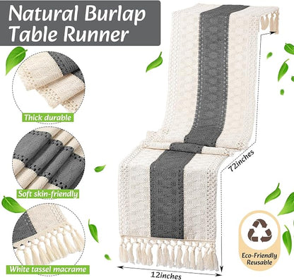 6 Sets Boho Decoration Placemats Round Woven Placemats, Cloth Napkins, Wood Bead Napkin Rings, Long Table Runner and Farmhouse Burlap Cotton for Table Kitchen (Gray,12x72)