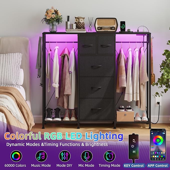 49.2”W Dresser with 2 Hanging Racks, 5 Drawers Dresser with LED Lights & Charging Station, Dressers with Clothes Rack, Shoe Racks and Side Hooks, TV Stand Chest of Drawers for Bedroom, Black