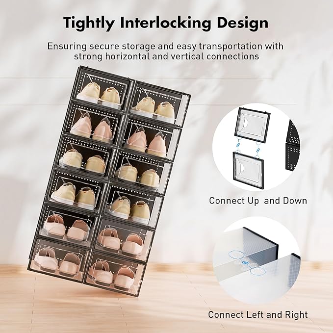 Foluck 15 Pack Shoe Storage Organizer Box Container Clear Plastic Stackable | Interlocking Design, Sturdy Dustproof Breathable, Fits Men's Size 9 Women's Size 10, for Closet Entryway Under Bed